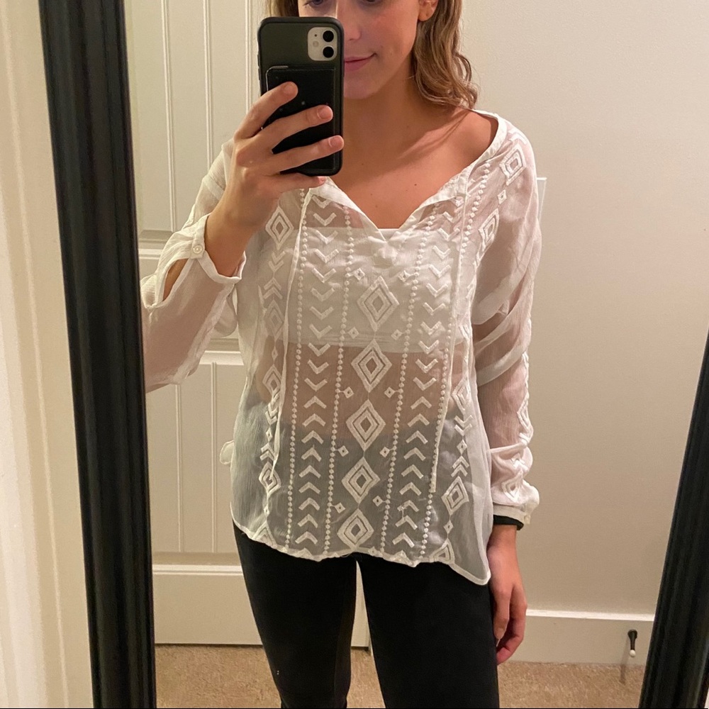 White Long-Sleeved Embroidered Mesh Top